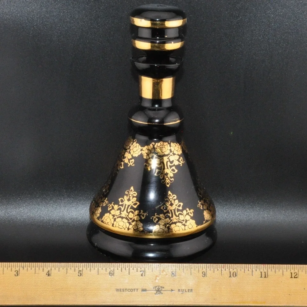 Vintage Italian Amethyst Glass Decanter Set‎ 7pc Black Gold Floral Excellent